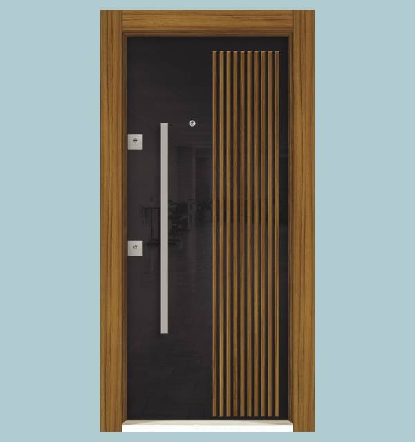 Porte Blindée Moderne – Modèle 1006 | Finition Ébène & Lattes Verticales Bois