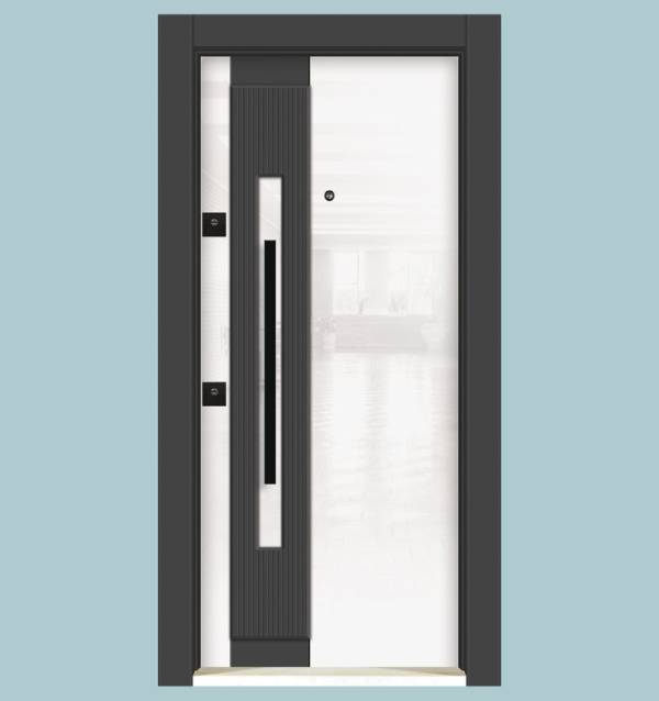 Porte Blindée Design – Modèle 1014 | Blanc Glacé & Cadre Noir